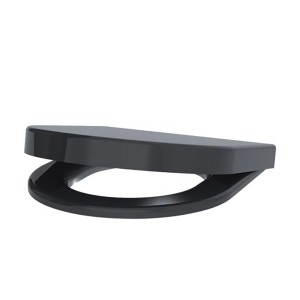 Sedile WC t.b.t. nero in plastica, leggermente aperto.