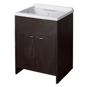 Mobile lavabo con vasca bianca e finitura in legno scuro. Categoria: Lavatoi.