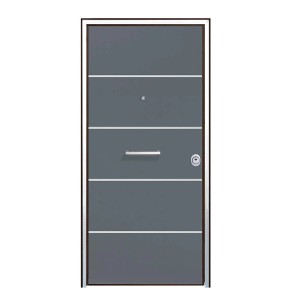 Porta blindata t.b.t. grigia con linee decorative orizzontali e maniglia argentata.