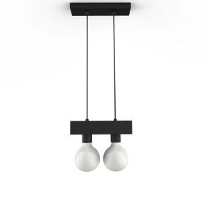 Lampada a sospensione nera t.b.t. con due lampadine bianche per interni.