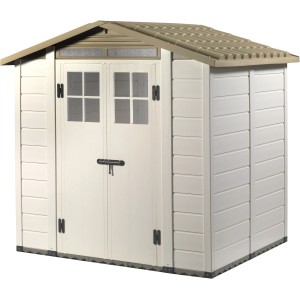 Casetta da giardino in plastica beige e marrone con doppia porta e finestre.