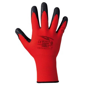 Guanto da lavoro t.b.t. rosso con punte delle dita nere.