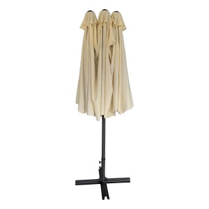 Ombrellone da mercato t.b.t. chiuso in beige con supporto nero.