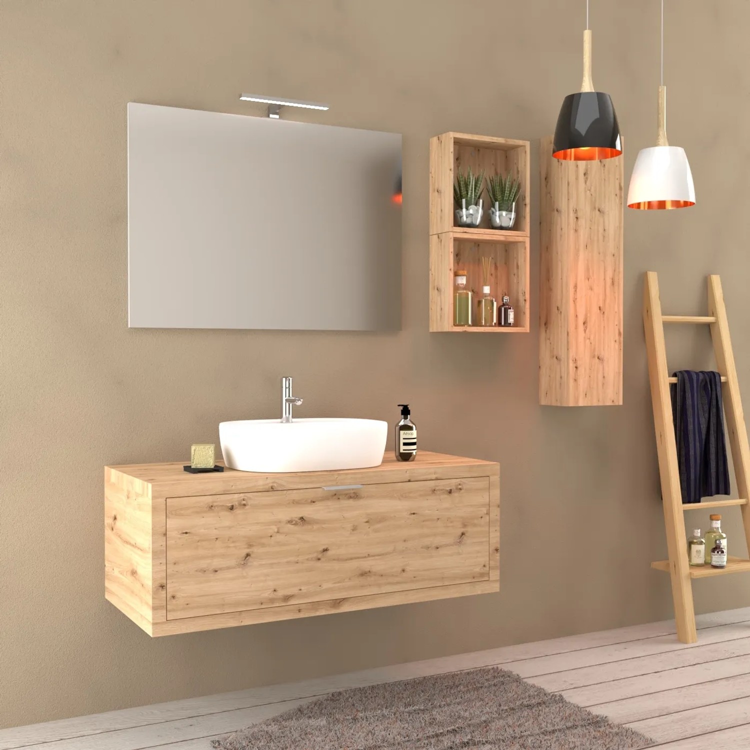 Set bagno moderno con mobile lavabo, specchio e scaffali in legno. Arredo bagno elegante per la tua casa.