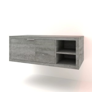 Mobile bagno sospeso grigio con anta e ripiani per il bagno.