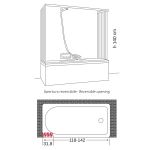 Disegno tecnico di una vasca da bagno con doccia e dimensioni per accessori.