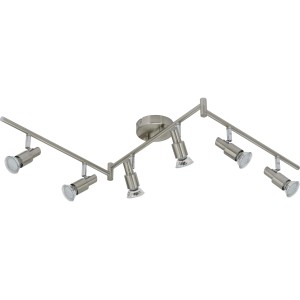 Faretti LED t.b.t. moderni con sei faretti in nichel spazzolato per un'illuminazione flessibile.