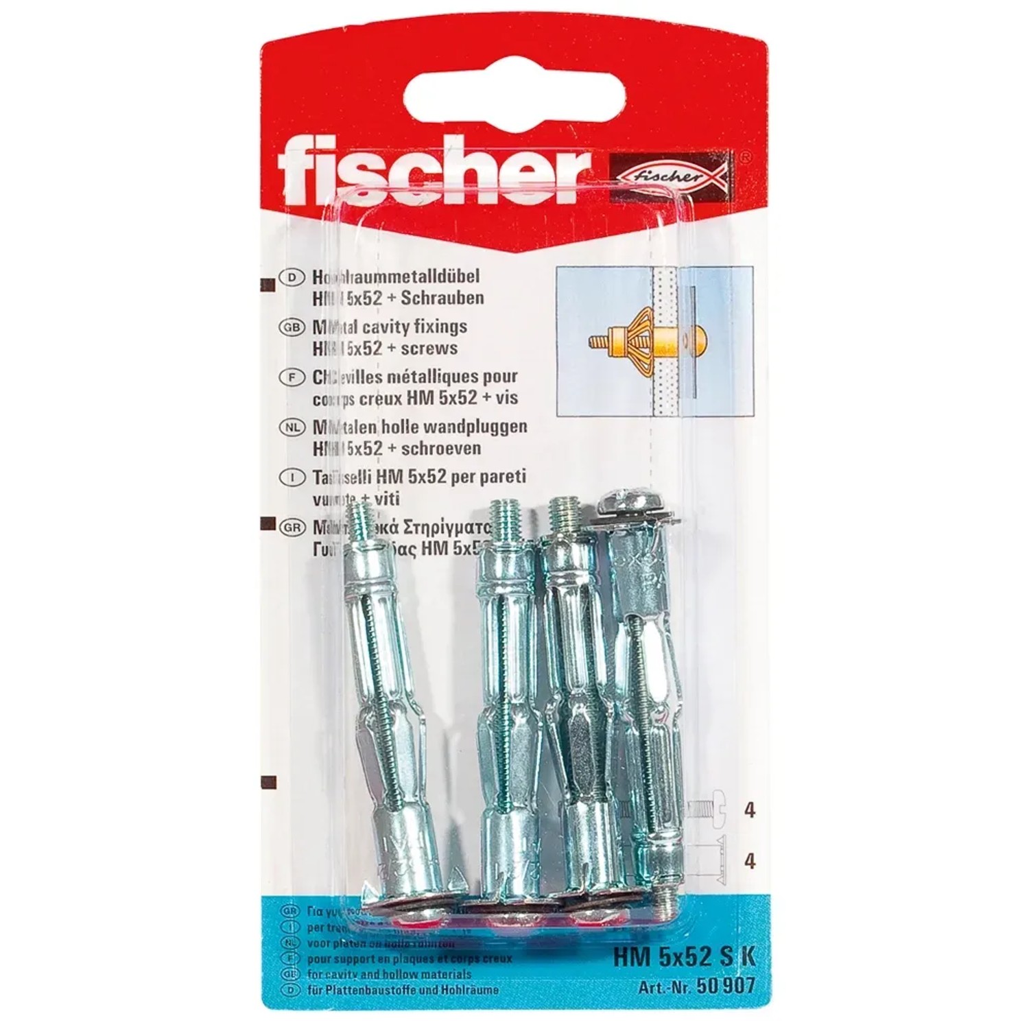 Fischer tasselli a espansione HM 5x52 SK, 4 pezzi, per fissaggi sicuri in cartongesso e soffitti cavi.
