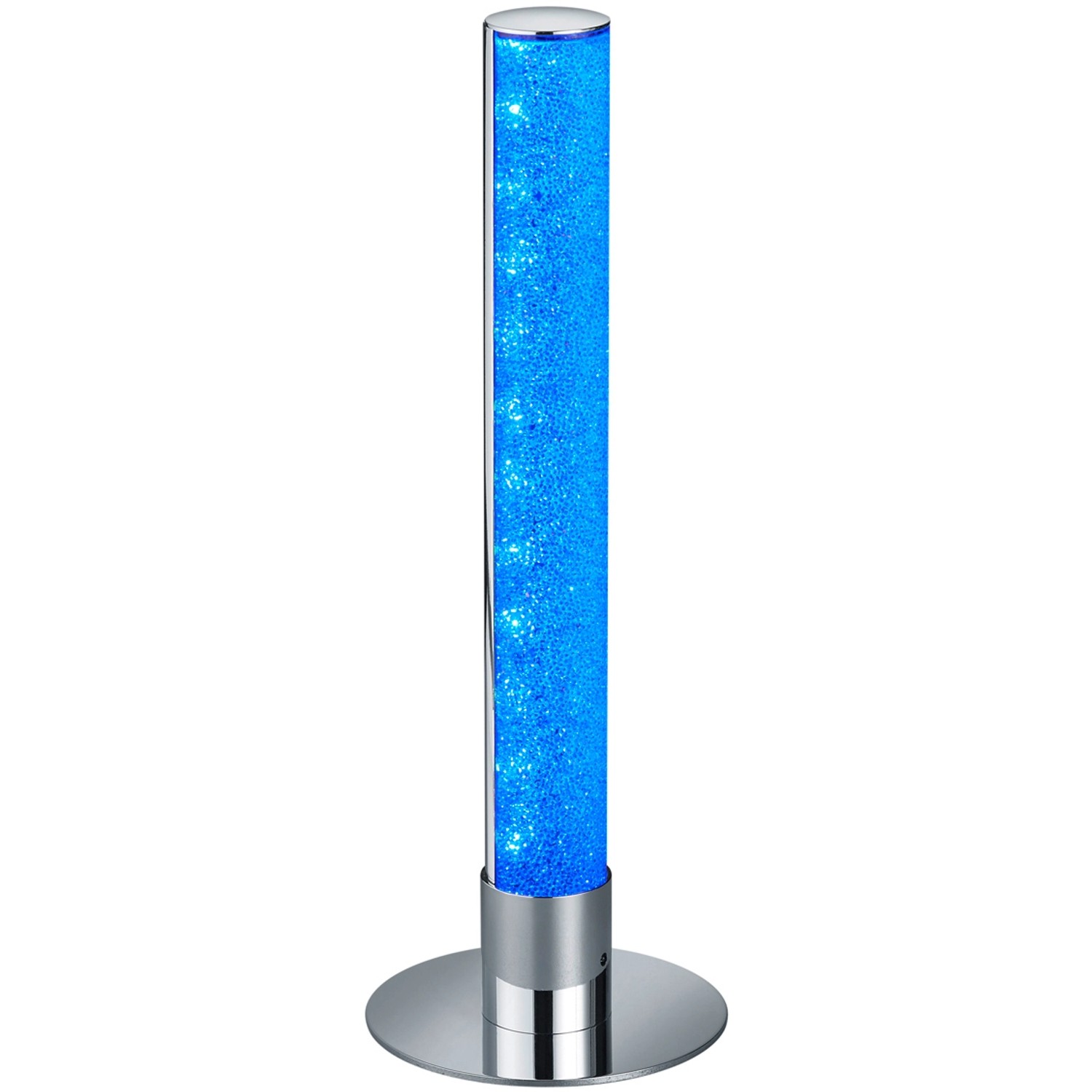 Moderna lampada da tavolo a LED Leia con effetto cristallo blu e base argentata.