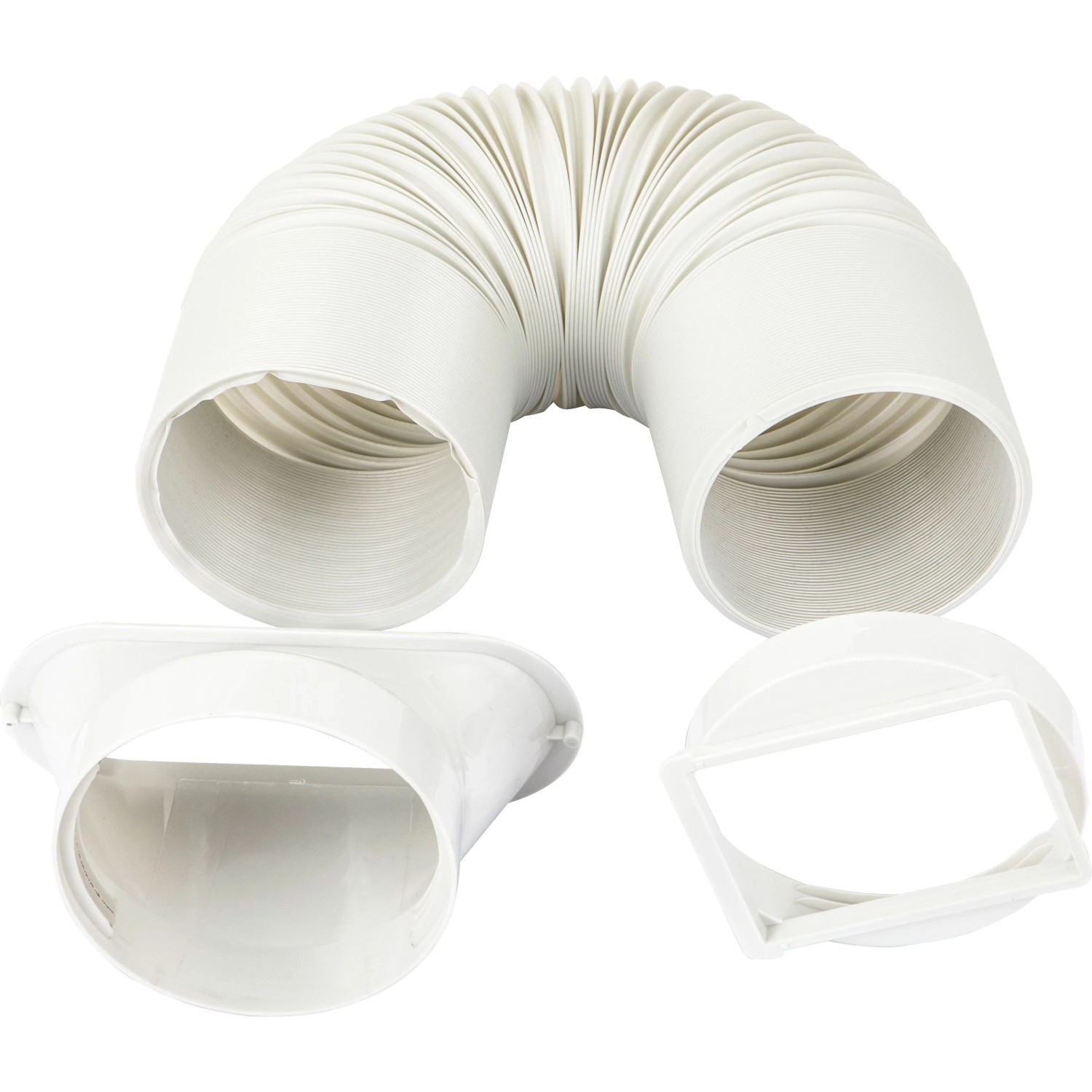 Accessori per condizionatore portatile: tubo di scarico, adattatore per finestra e ugello in bianco.