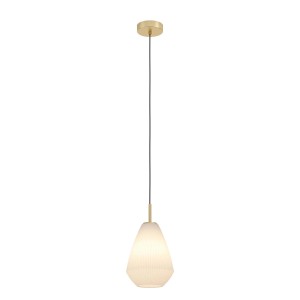 Elegante lampada a sospensione t.b.t. con paralume a goccia e dettagli dorati.