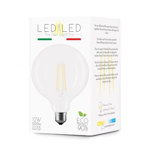 Lampadina LED E27 nella confezione. Lampadina decorativa a luce bianca calda.
