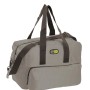 Borsa da viaggio/sportiva grigia con manici marroni per campeggio e tempo libero.