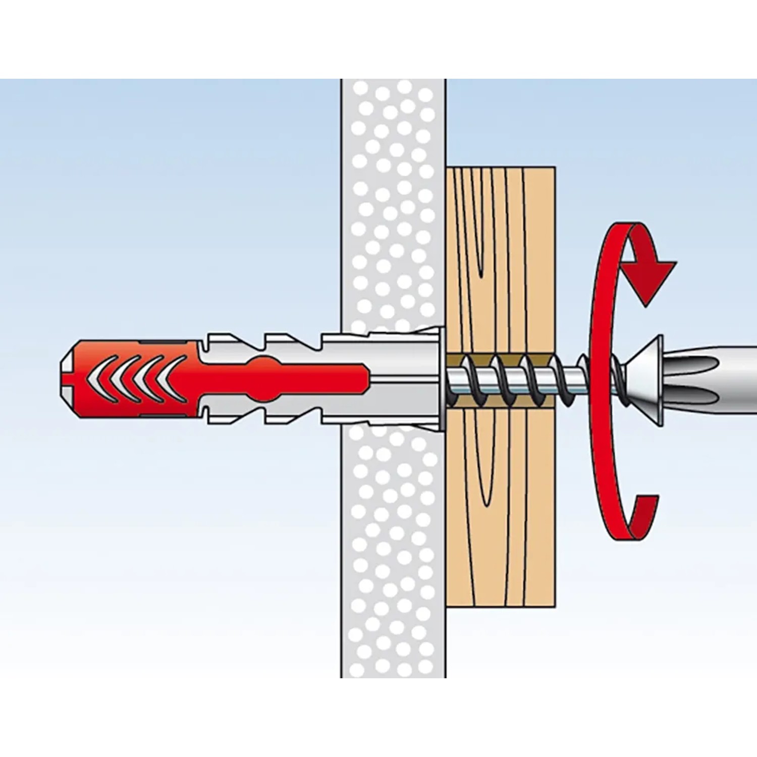 Illustrazione: Tassello Fischer Duopower 6x50 con vite in muro e legno, vite avvitata.