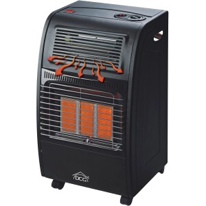 Stufa a gas nera t.b.t. con radiatore e ruote per uso interno.