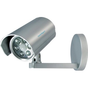 Finta telecamera di sorveglianza Avidsen in argento con luci LED.