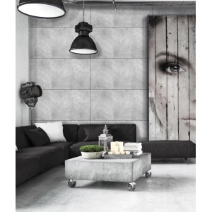 Soggiorno con pannelli murali grigi t.b.t. Design moderno effetto cemento.