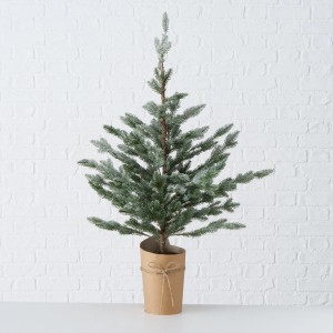 Piccolo albero di Natale artificiale in vaso con effetto neve.