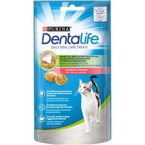 Purina Dentalife snack per gatti con salmone per l'igiene orale quotidiana.