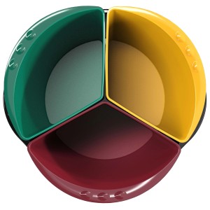 Cestino triplo per la raccolta differenziata, verde, giallo e rosso.