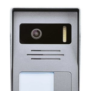 Modulo citofono t.b.t. argentato con telecamera e altoparlante.