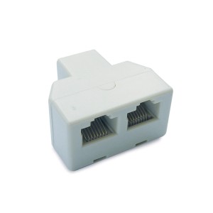 Adattatore telefonico bianco con due porte per accessori telefono.
