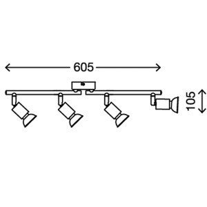 Disegno tecnico: Faretto LED Briloner Simple, 4 luci, dimensioni: 605 x 105 mm.