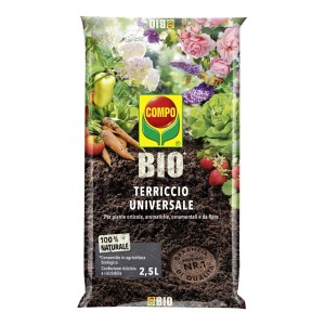 Sacco di terriccio universale COMPO BIO, adatto per ortaggi, erbe aromatiche e piante ornamentali.