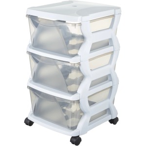 Cassettiera bianca t.b.t. con tre cassetti trasparenti e ruote.