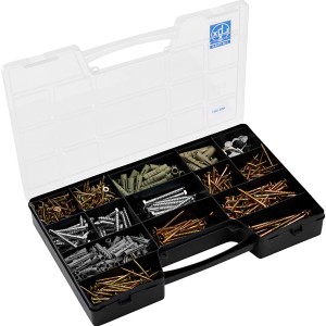 Assortimento di viti per legno LUX, 620 pezzi, con viti, tasselli e coperture nella scatola assortita.