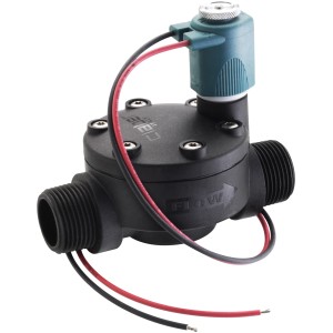Elettrovalvola nera per irrigazione interrata, con cavi e indicatore di flusso.
