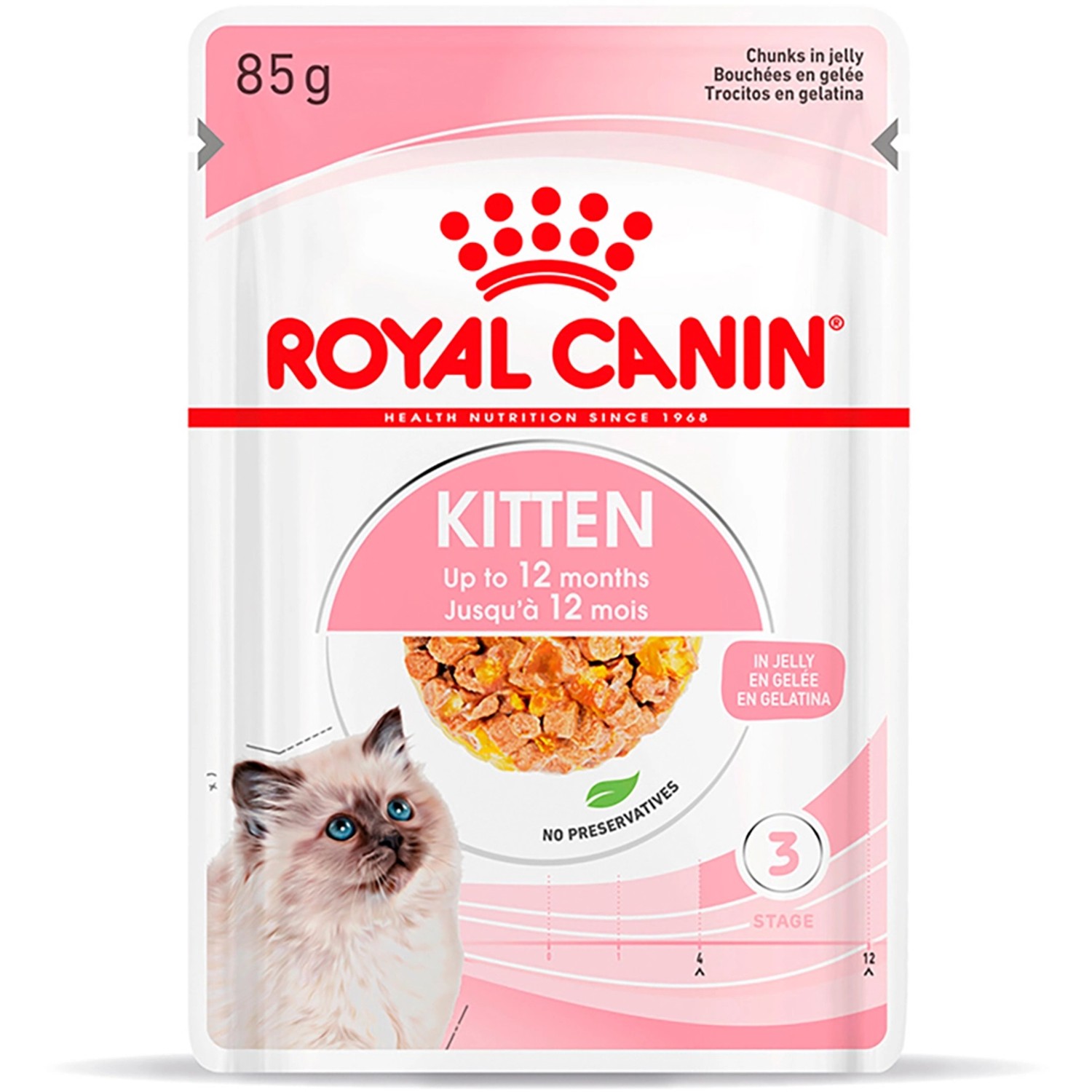 Royal Canin Kitten alimento umido in gelatina, busta da 85g per gattini fino a 12 mesi.