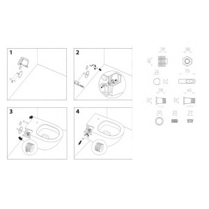 Istruzioni di montaggio per un bidet a parete, inclusi materiali di fissaggio e rappresentazione schematica.