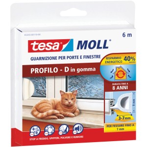 Tesa Moll Guarnizione in gomma profilo D per porte e finestre, 6m, per sigillare contro correnti d'aria, polvere e rumore.