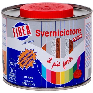 Sverniciatore Fidea in barattolo di metallo con coperchio rosso. Solvente per rimuovere vernici.