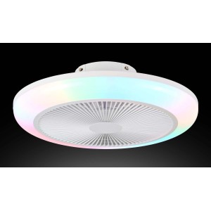 Plafoniera LED bianca con ventilatore e illuminazione colorata.