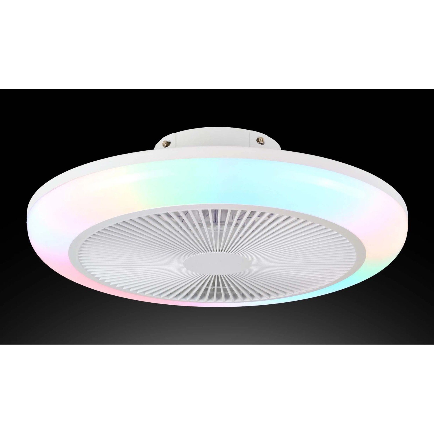Plafoniera LED bianca con ventilatore e illuminazione colorata.