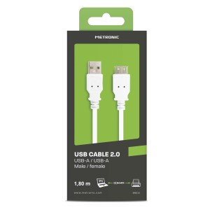Confezione di un cavo USB 2.0 bianco (USB-A maschio a USB-A femmina) di Metronic, lunghezza 1,80 m.