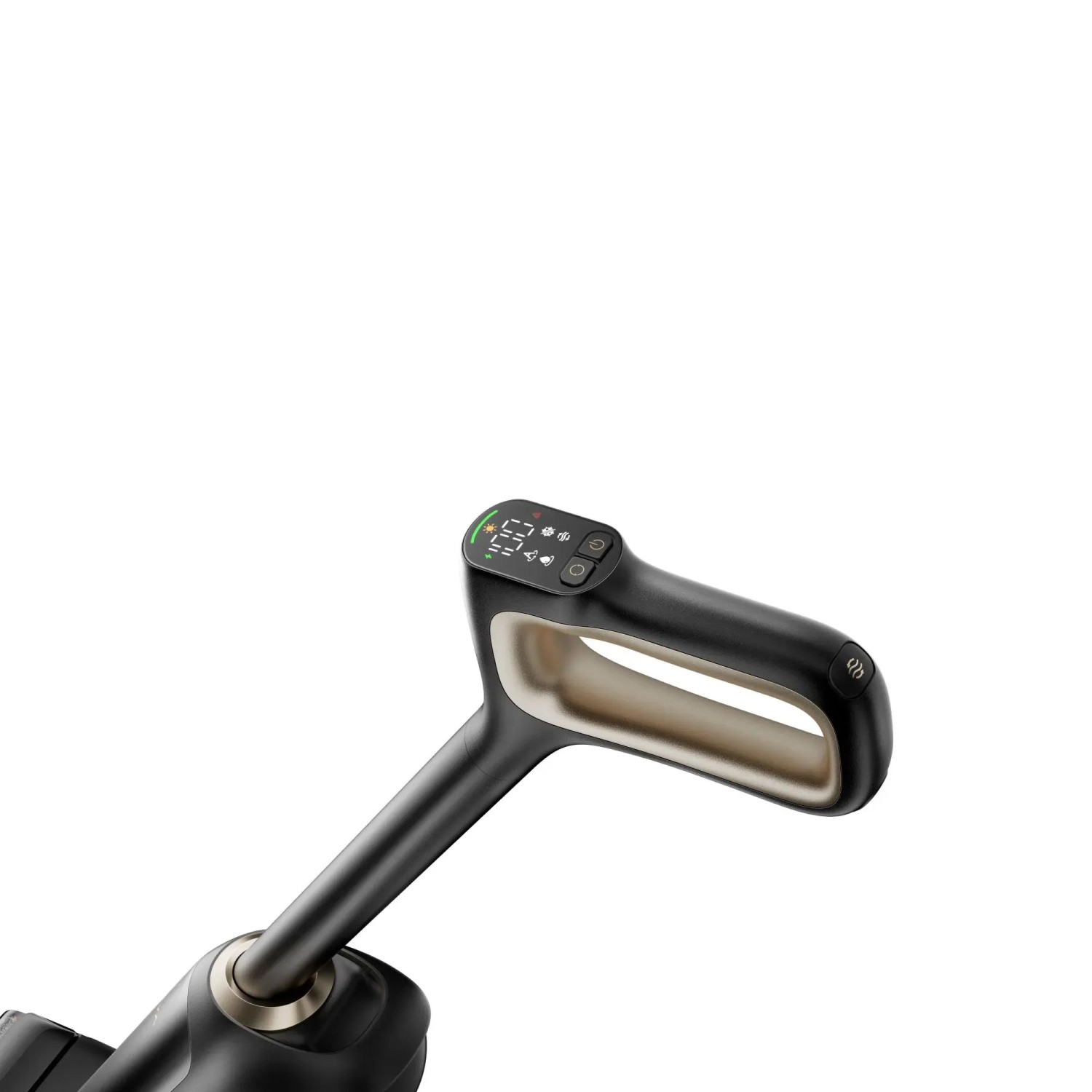 Dettaglio dell'impugnatura dell'aspirapolvere portatile Mova M10 con display a LED.