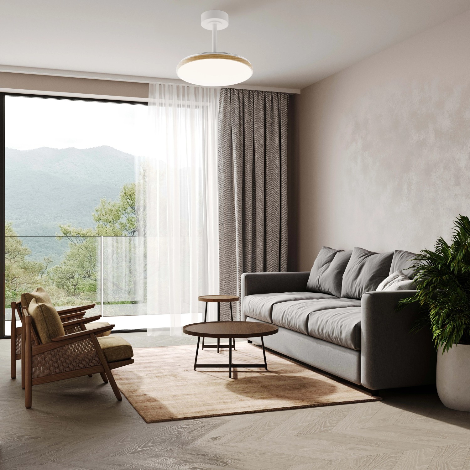 Plafoniere LED moderna in soggiorno, lampada da soffitto bianca con bordo in legno.