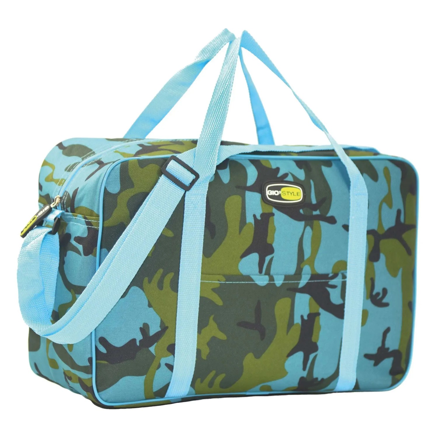 Borsa da campeggio t.b.t. con motivo mimetico blu e cinghie di trasporto.