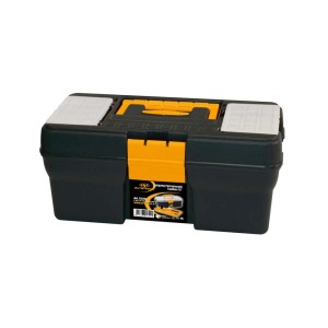 Cassetta porta attrezzi nera con dettagli gialli e coperchio grigio.