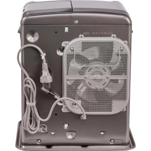 Vista posteriore della stufa/camino t.b.t. con ventola e cavo di alimentazione.