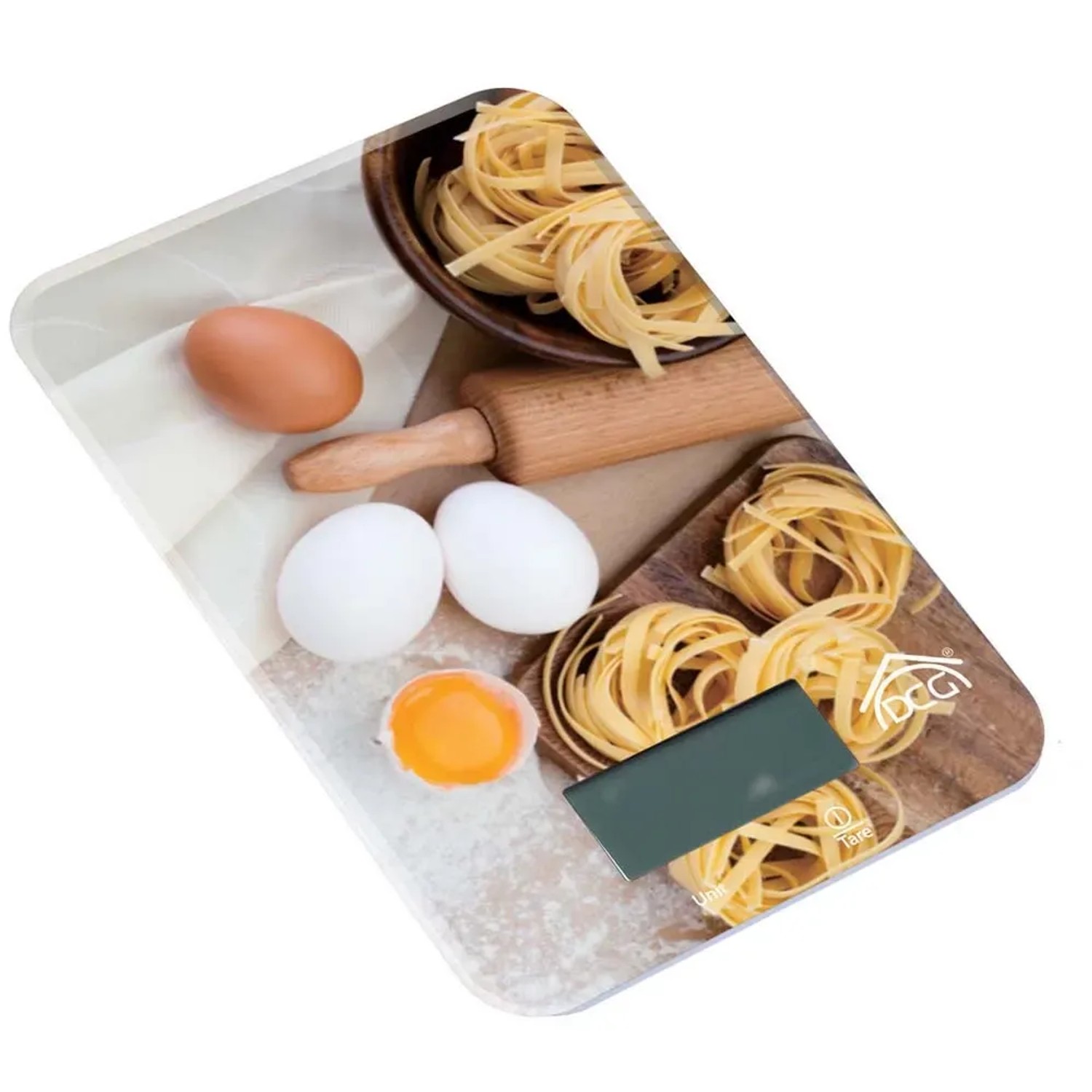 Bilancia da cucina con motivo: uova, pasta e mattarello. Utensile da cucina pratico per cuochi amatoriali.
