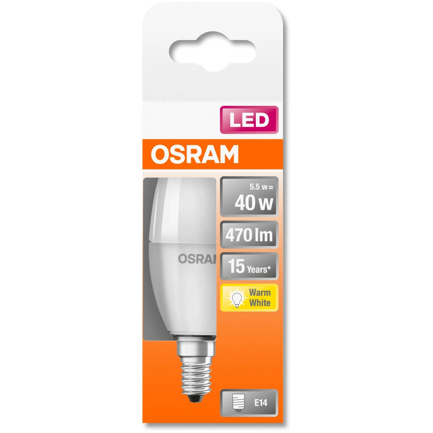 Lampadina LED Osram E14 a forma di candela, 4,9W, bianco caldo, 470lm. Dettaglio della confezione.
