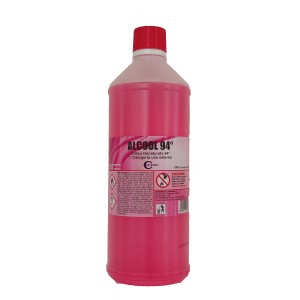 Bottiglia di alcool denaturato rosa, adatto per la pulizia della casa.