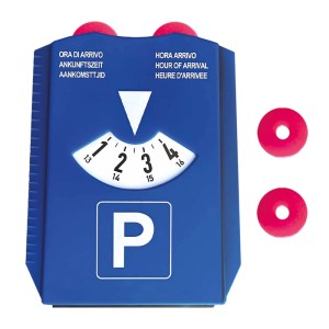 Disco orario blu con impostazione dell'ora di arrivo e simbolo di parcheggio, accessorio per interni auto.