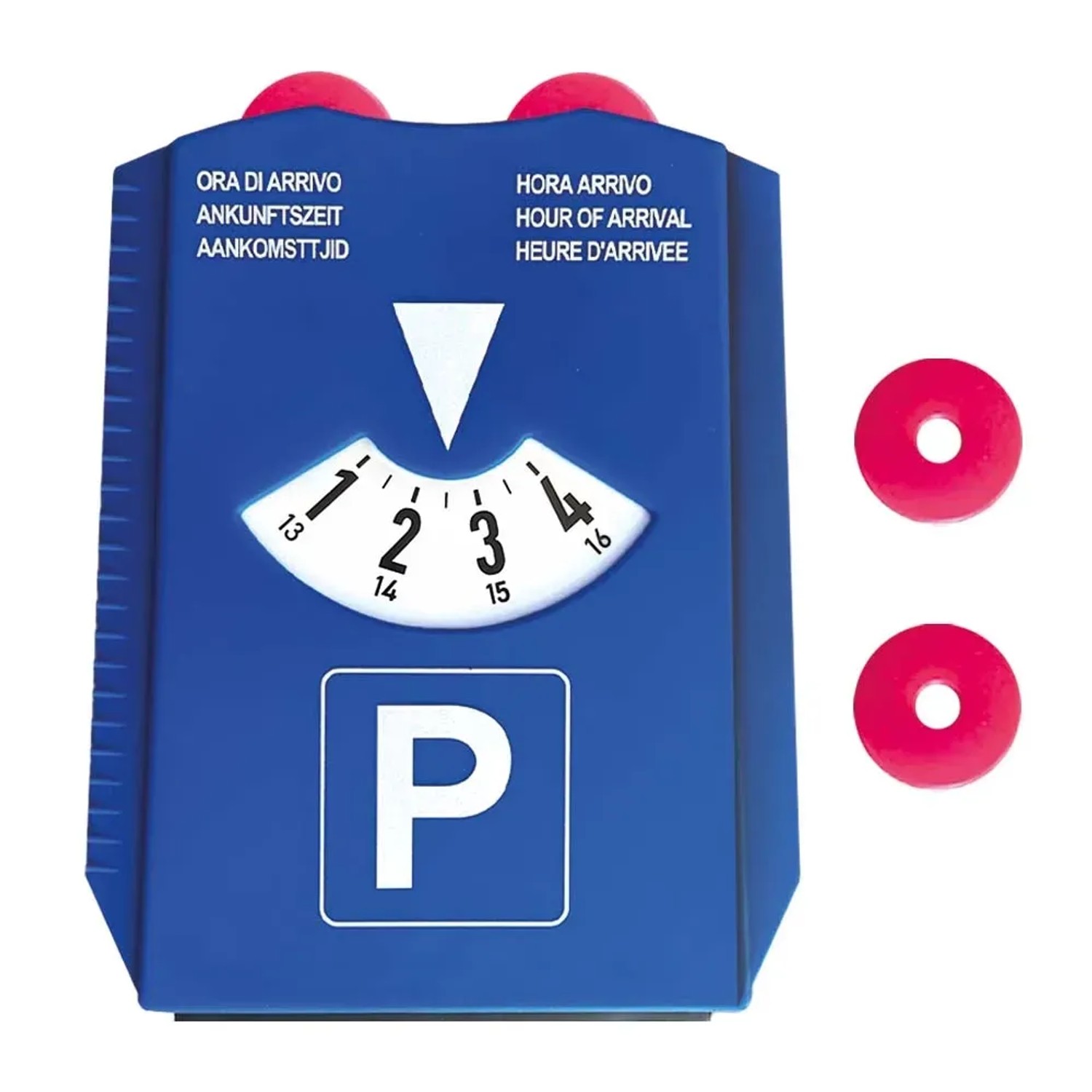 Disco orario blu con impostazione dell'ora di arrivo e simbolo di parcheggio, accessorio per interni auto.