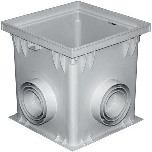 Pozzetto di scarico/ispezione quadrato grigio in plastica (t.b.t.) con raccordi laterali per tubi.