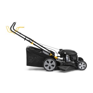 Tagliaerba nero con cesto di raccolta, vista laterale.
